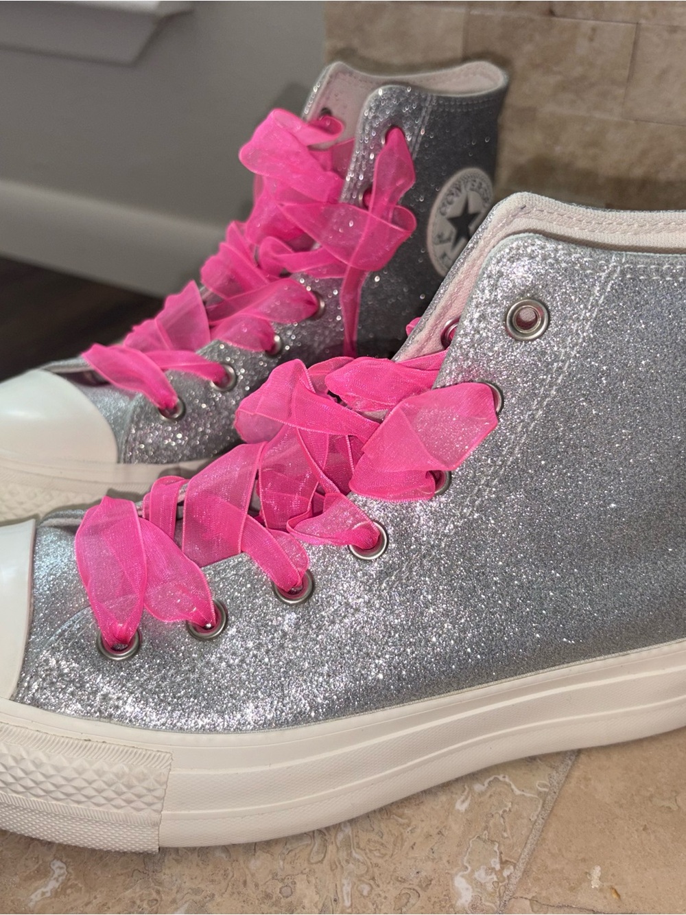 Converse Silver Glitter Platform High-Tops with Bright Pink Ribbon Laces
